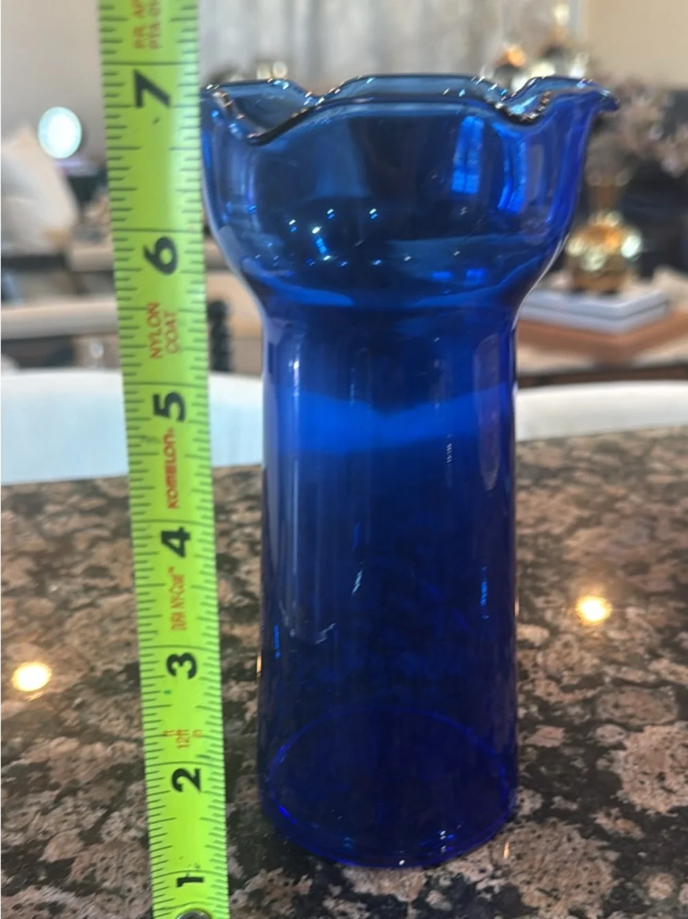 Vintage Cobalt Blue Glass Vase Ruffled Scalloped Rim Flared Tulip Chimney 7